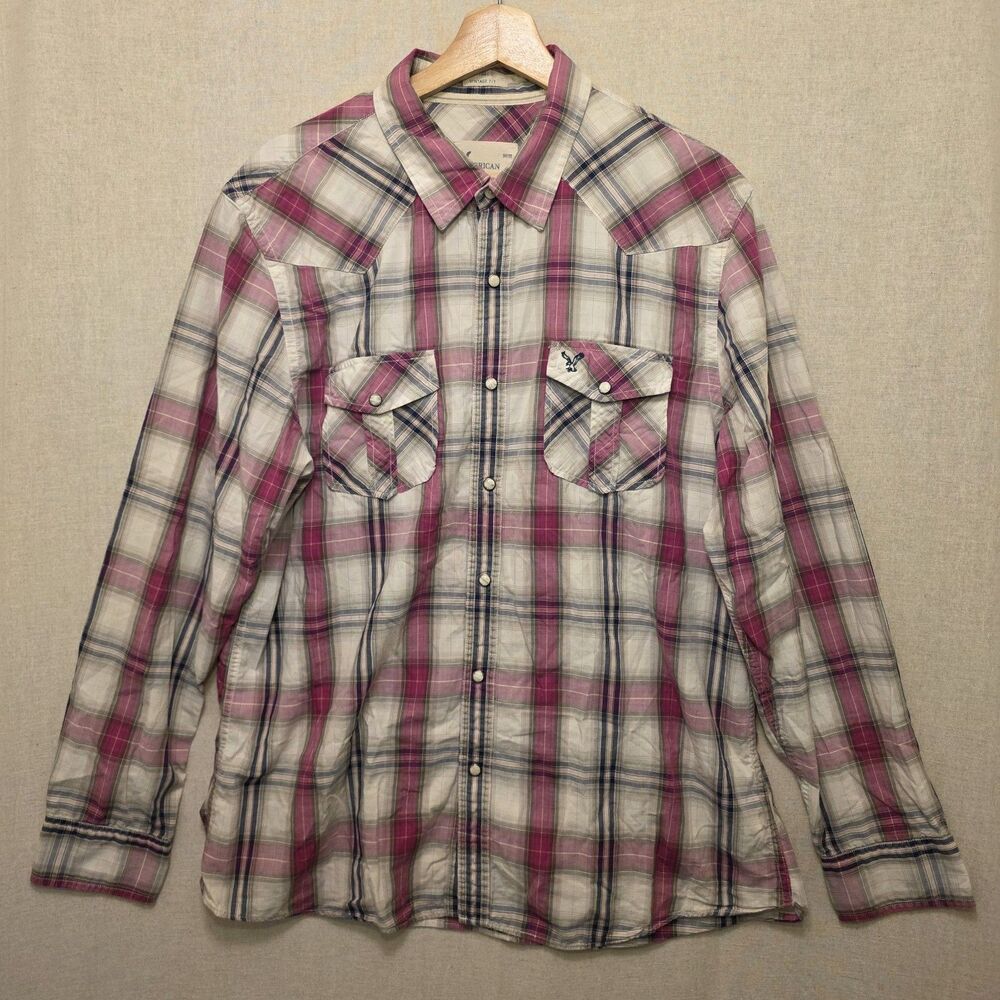 American Eagle Outfitters Mens XL Pearl Snap Pink Plaid VTG Fit Western Shirt